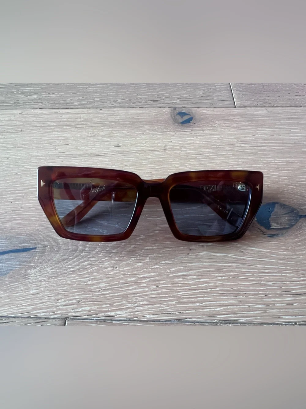 DEZI Tortoise Rectangular Sunglasses - Brown with Blue tint